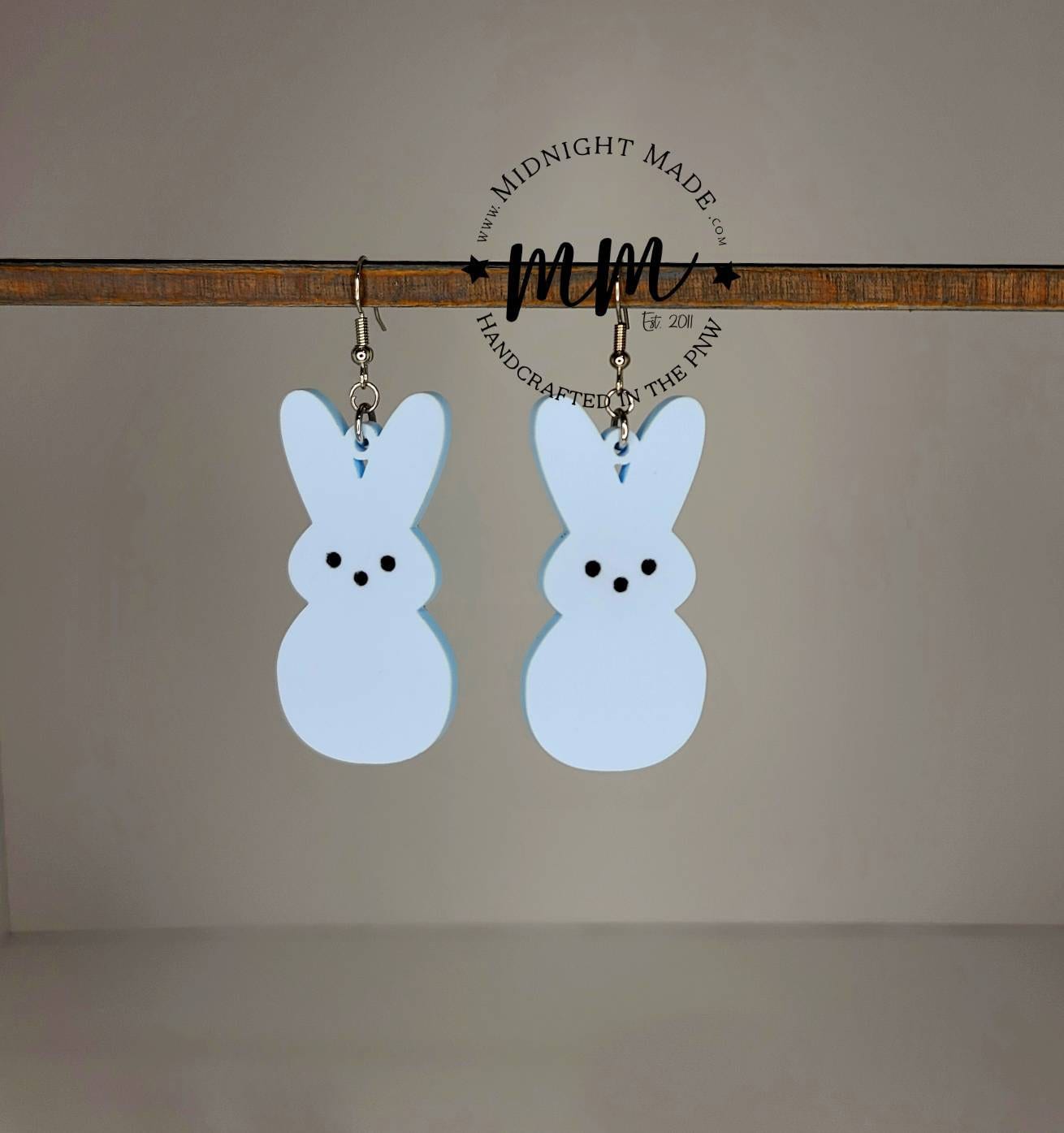 Mommy and Me Easter Earrings. Marshmallow Peep bunny Spring drop dangle earrings. Midnight Made. Blue bunnies