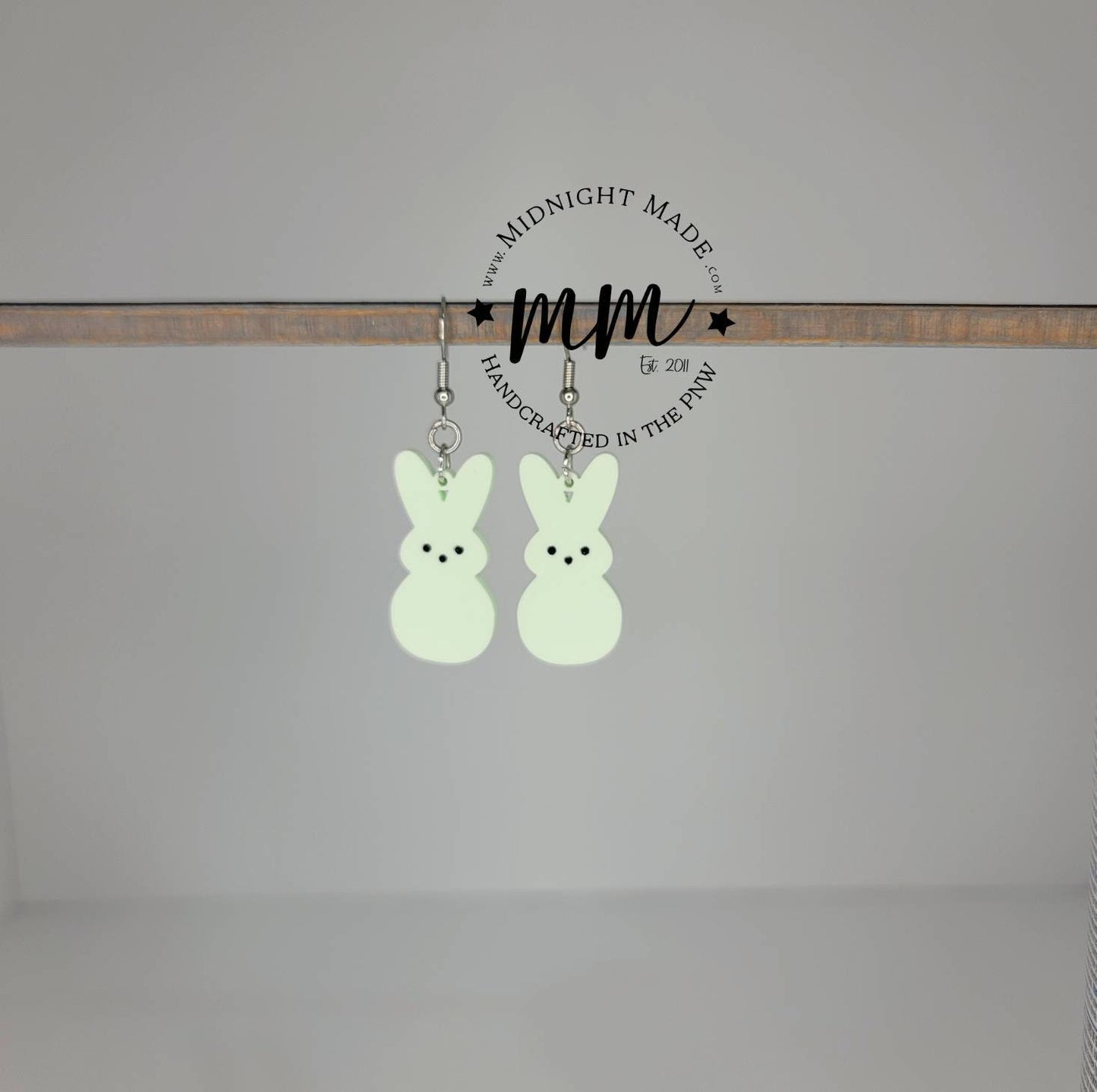 Mommy and Me Easter Earrings. Marshmallow Peep bunny Spring drop dangle earrings. Midnight Made. Green Bunnies